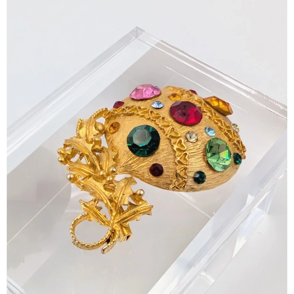 Vintage Gold Tone Ornament Brooch Rhinestone Christmas‎ Ball Statement Piece
